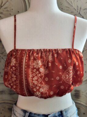 Janet Chung Western Bandana Print Silky Crop Top w/Adj Spaghetti Straps | Small